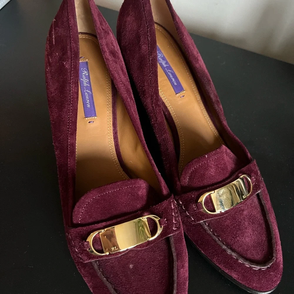 Ralph Lauren Purple Label Burgundy Suede Horsebit Pumps Gold Bit Made in Italy - Picture 1 of 11